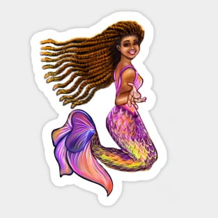 Best mermaid gifts 2022. Mermaid  with rainbow coloured colored fins, braids, outstretched  arm, brown eyes, Curly hair  and caramel brown skin - light background Sticker
